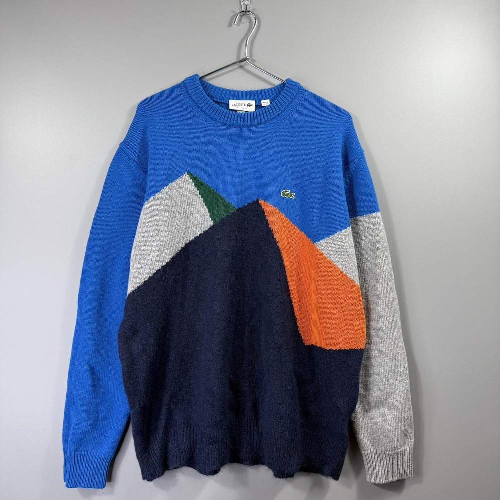NWT Lacoste Sweater Mens 2XL Blue Geometric Colorblock Wool Blend Crewneck